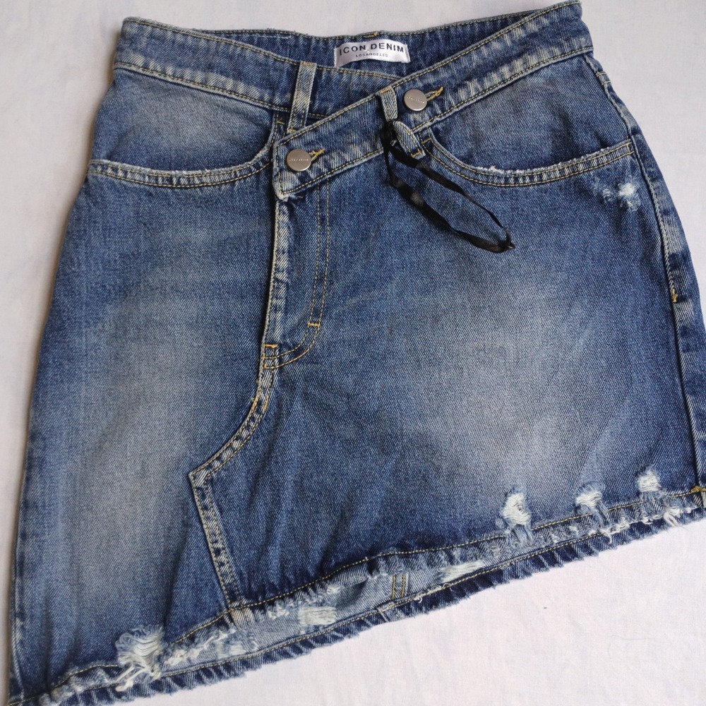 Icon Denim Skirt 26 Assymetrical‎ Irregular Distressed Jean Mini Revolve New